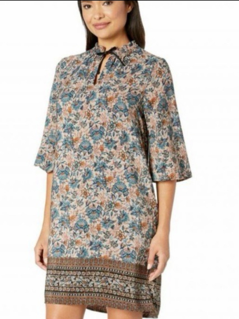 NWT Bobeau Floral Tie-Neck Women’s Tunic Dress - Blue & Brown. Size Small